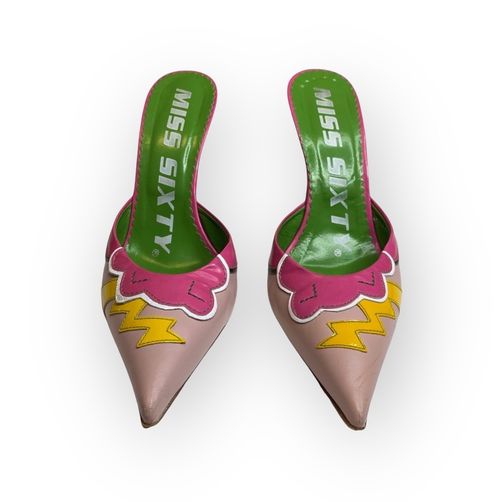 Vintage: Miss Sixty ↯ Lightning Pointy Toe Stiletto Heels Mules ↯ Pink Appliqué - Picture 9 of 17